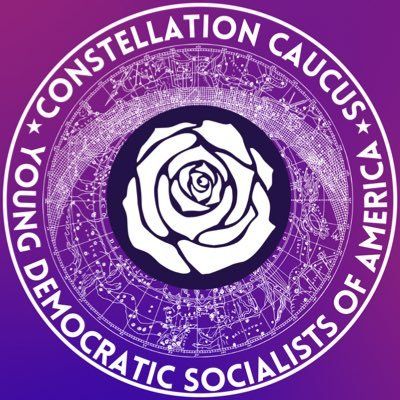 A circular purple background with a white design composed of a map of constellations in the night sky and a rose flower in the center. White text around the edges reads "Constellation Caucus" above and "Young Democratic Socialists of America" below