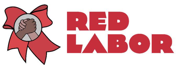 To the left, an image of two clasped hands in a circle over a red ribbon. To the right, the words "Red Labor" in bold red text