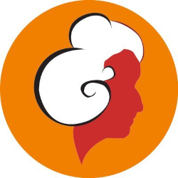 A cartoon silhouette of Rosa Luxemburg in red with white hair against a circular orange background. The border of the hair is highlighted in black and forms a stylized ampersand.