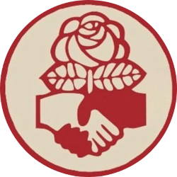 An old-style DSA logo with a stylized rose and handshake in a red circle on a beige background.