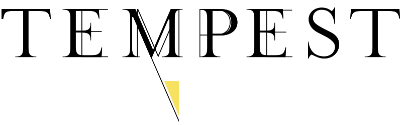 The word "Tempest" in an all-capital, serifed font. the M, P, and Es have outlines non-serifed outlines offset to the right creating an illusion of depth. A straight line extends diagonally down and to the right from the M and terminates in a yellow triangle