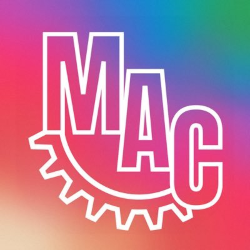 A background composed of a diagonal color gradient from yellow in the bottom left to orange, red, purple, blue, and green in the top right. In white, the letters "MAC" arranged moving down and to the right, with the M and C joined on the bottom by a white gear