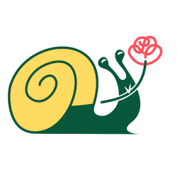 A cartoon of a smiling green snail with a yellow shell holding a rose in its mouth