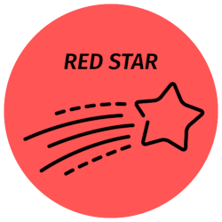 A red circle with black text reading "Red Star" at the top and in the center a black five-pointed cartoon star with 5 trailing lines, indicating movement from left to right