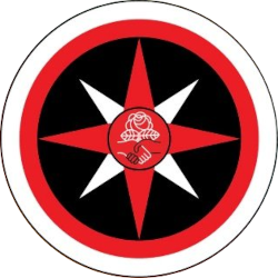 A red, black, and white compass rose with a DSA handshake and rose in the center