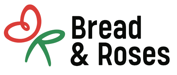 A stylized red "B" and green "R" evoking the flower and stem of a rose to the left of text reading "Bread & Roses"