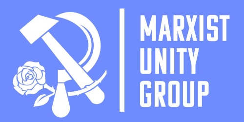 A blue background bisected by a vertical white line. To the left, a crossed hammer, sickle and rose in white. To the right, white text reading "Marxist Unity Group"