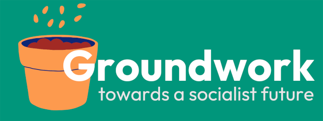 On the left, a cartoon of seeds falling into an orange/brown pot over a green background. To the right, partially superimposed over the design, white text reading "Groundwork" above and "towards a socialist future" below